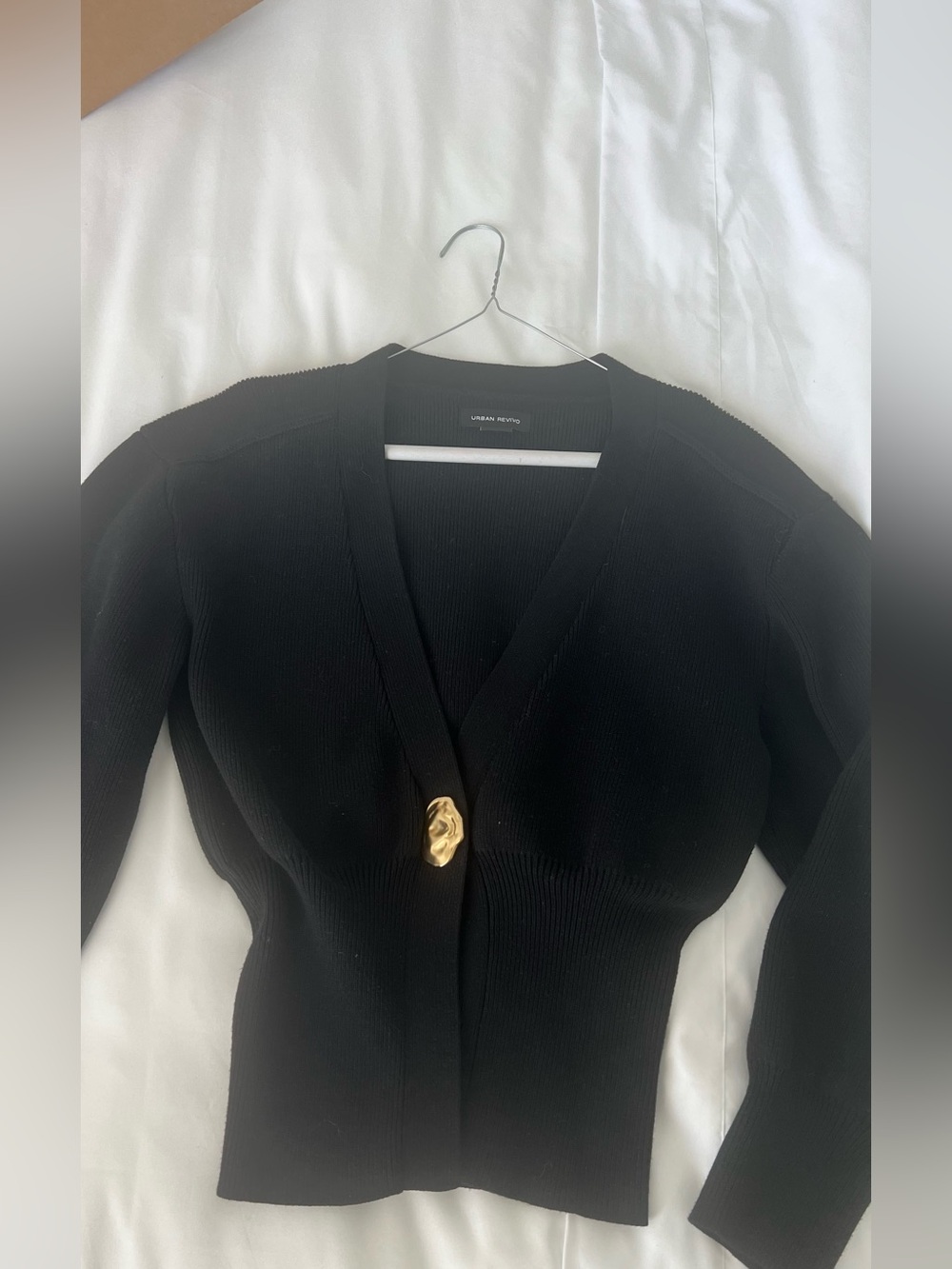 Urban Revivo Black Ribbed Cardigan with Sculpted Gold Button